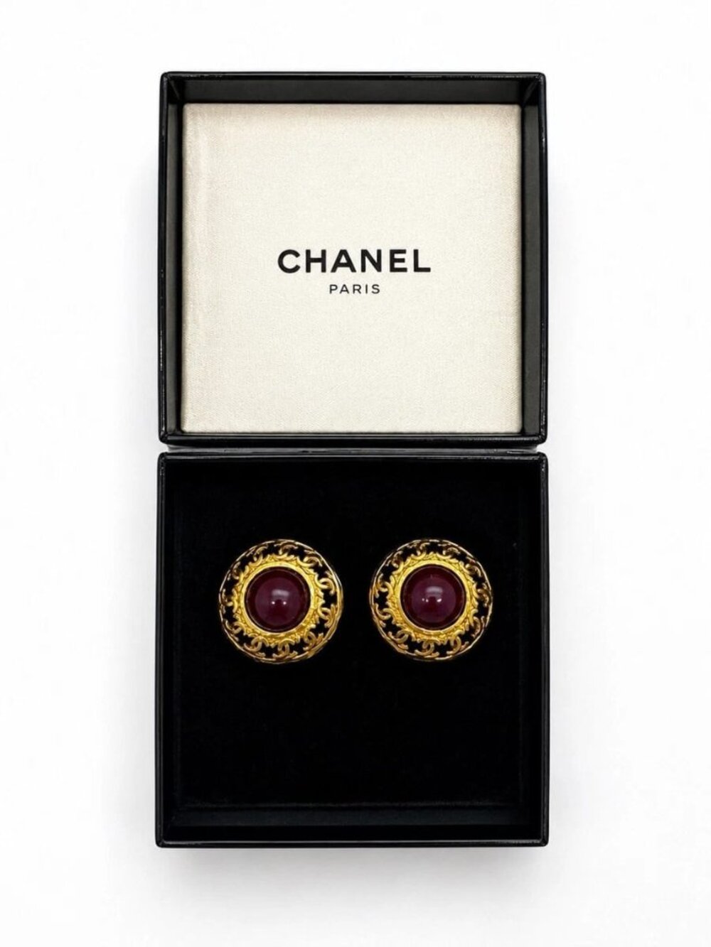 Authentic Vintage Chanel Red Glass Center Gold Tone CC Logo Earrings W Box